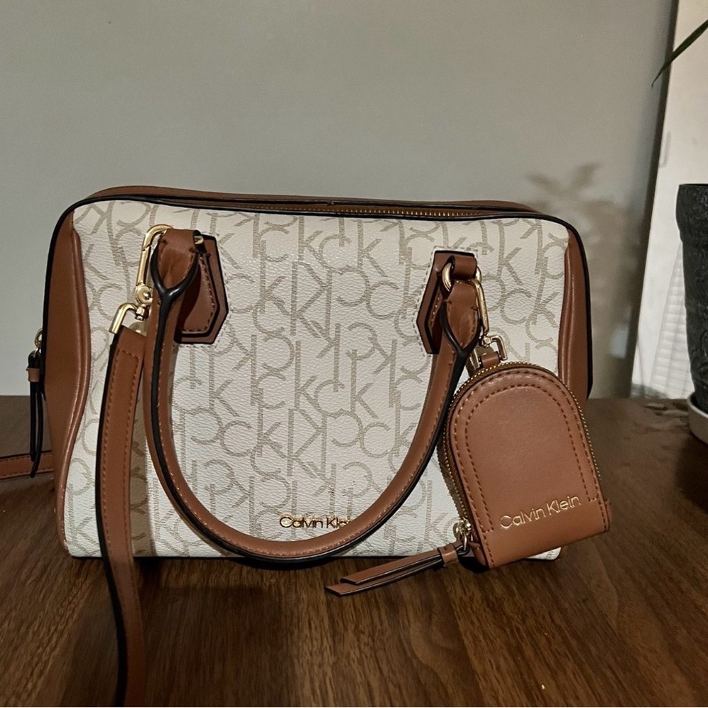 Calvin Klein Cream & Brown Logo Satchel with Coin Pouch